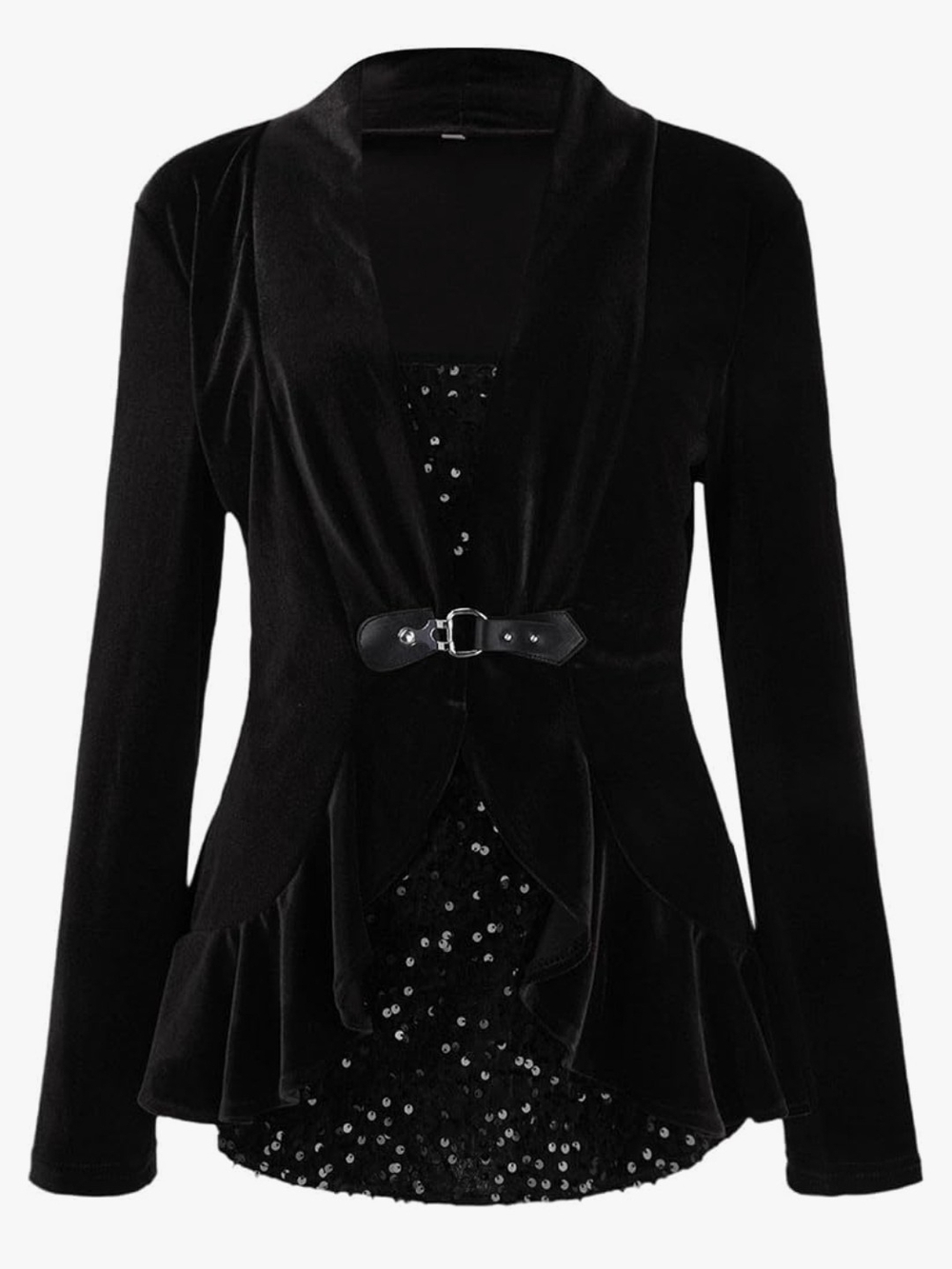 black velvet and sequin long-sleeve layered top with a decorative buckle.